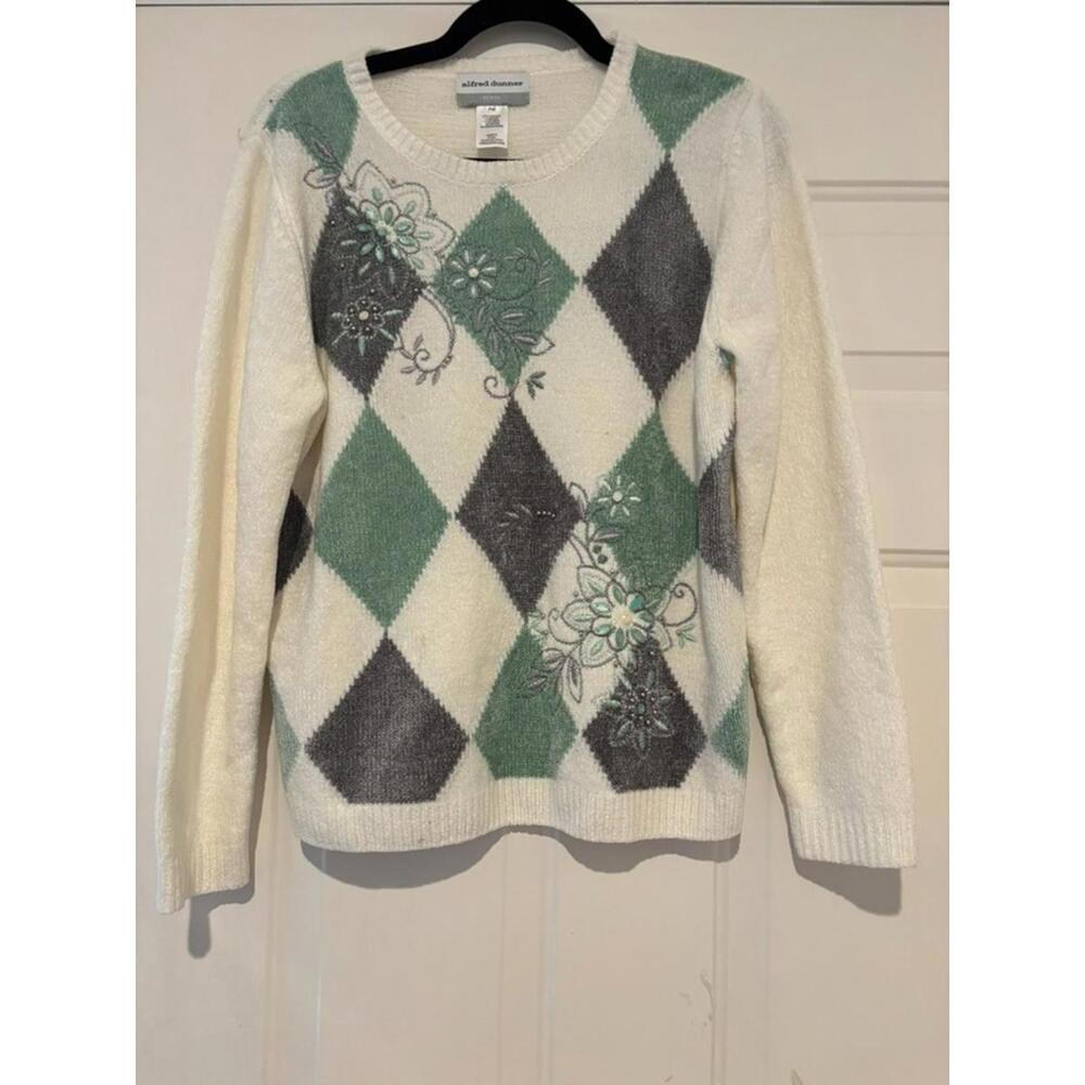 Womens sz petite M Alfred Dunner argyile embelished sweater‎ #916